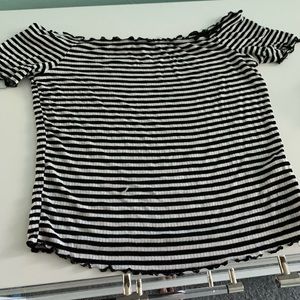 Black and white striped off the shoulder T-shirt